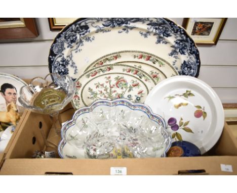 Six Gunther Lambert style heavy glass dishes, a pressed glass tazza, a Royal Worcester 'Evesham' pie plate, a large blue and 