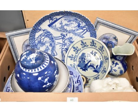 A collection of blue and white ware including a vintage Asian display plate having scalloped edges and fan design, a Spode Bl