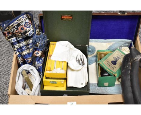 A miscellaneous selection of items including a vintage horse collar, a Masonic suitcase containing a Masonic Apron and gloves