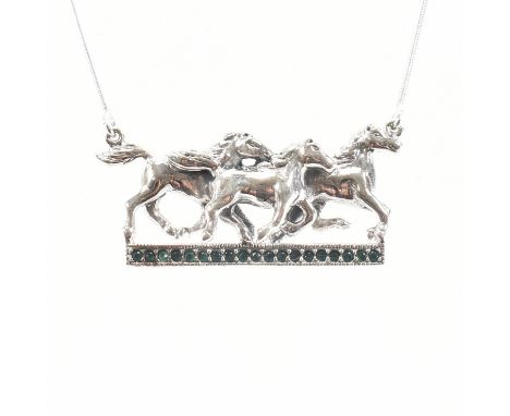 A 925 silver &amp; gem set horse pendant necklace. The pendant depicting three galloping horses above a panel of round cut mi