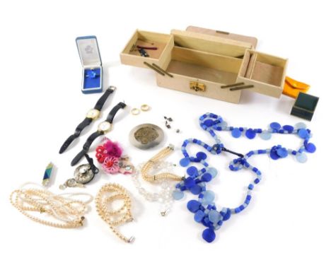 A blue cantilever jewellery box,  containing faux pearl necklaces, blue glass necklaces, material brooches, wristwatches, Eas