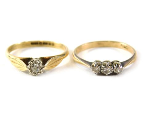 Two diamond set dress rings, comprising a 9ct gold illusion set single stone ring, ring size N, and a further example yellow 