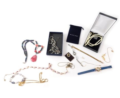 A group of costume jewellery, comprising a silver gilt bracelet, wristwatches, blister pearl necklace, hardstone necklaces, f