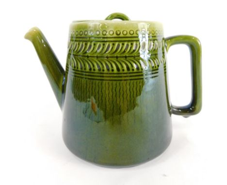 A Linthorpe pottery teapot, with AB script mark no. 798, green glazed with a upper fern leaf decoration, impressed marks bene