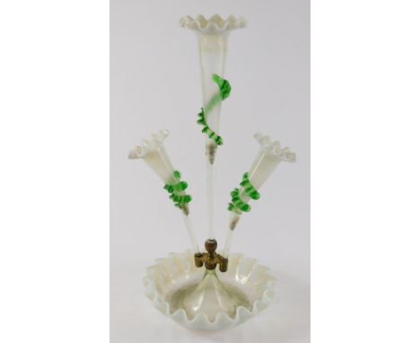 A Victorian white opaque clear and green glass epergne, with three tapering trumpet shaped vases on a dished base, 146cm high