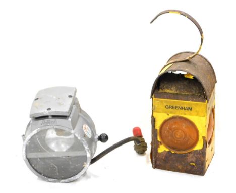 A Greenham Railway lantern, in domed case with hook top partially painted in yellow, 46cm high, and a Bullfinch mini flood li
