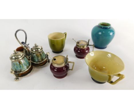 Various Linthorpe pottery, a vase in turquoise no. 863, impressed marks beneath, 10cm high, a green glazed cup no. 1400, anot