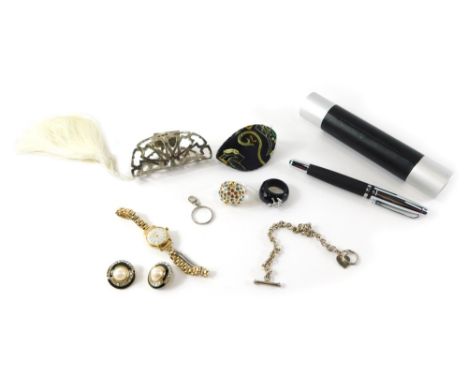 A cased travel pen, a pair of Art Deco style clip on earrings, gold plated ladies wristwatch, napkin ring and a ring box. (a 