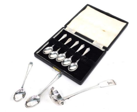 A Victorian Scottish silver ladle, Fiddle pattern, plain bowl, Glasgow 1868, monogrammed, 16cm long, two silver teaspoons and