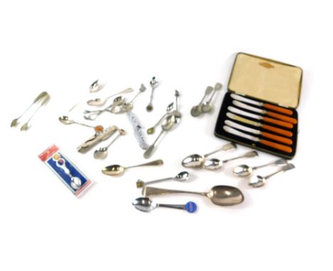 A quantity of various silver and silver plated flatware, part cased set, with amber coloured handles, collectors spoons, silv