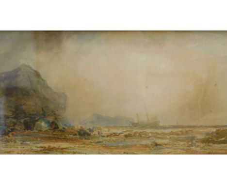 Ralph R. Stubbs (1824-1879). Seascape, boat on rough waters before cliffs, watercolour, signed, titled verso, 33cm x 80cm.