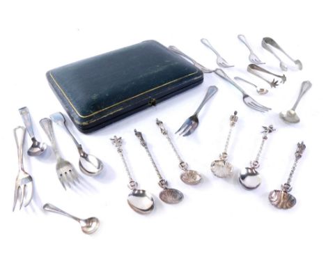 Various Apostle topped and cherub topped teaspoons, some with coin bowls, 10cm high, etc., various silver plated flatware. (a