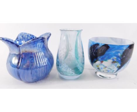 Three items of Studio glass, to include a Scottish bowl with mottle glaze, 9cm high, a Caithness vase, etc. 