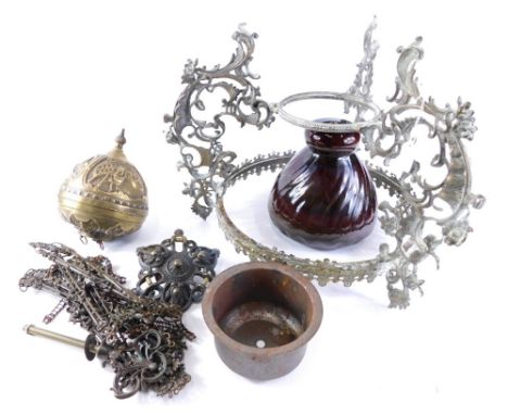 A Victorian style rise and fall lamp, with pottery insert, cast brass holder, weight and fittings. (AF)