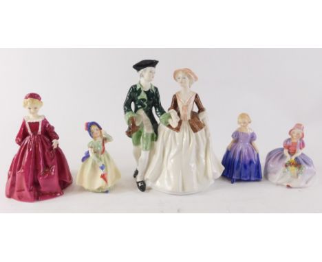 A collection of five figurines, a Coalport figure of Romance, Royal Worcester Grandmothers Dress, and three Royal Doulton fig