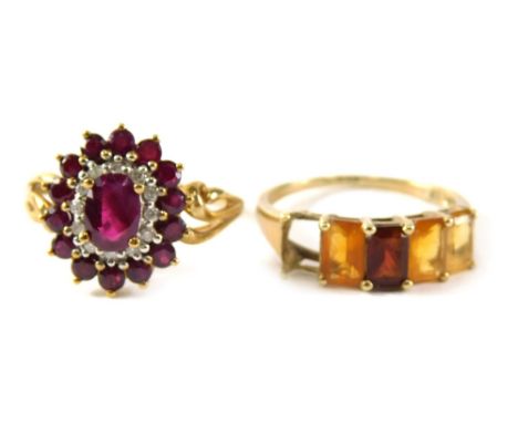 Two 9ct gold dress rings, comprising a five stone amber coloured dress ring, ring size R, one stone missing, a garnet and cz 