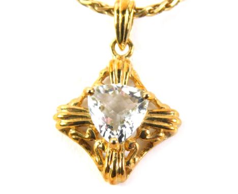 A 9ct gold pendant, set with trident cut cz stone in a yellow metal framed marked 9ct, 3g, on a thick chain marked 925, 52cm 