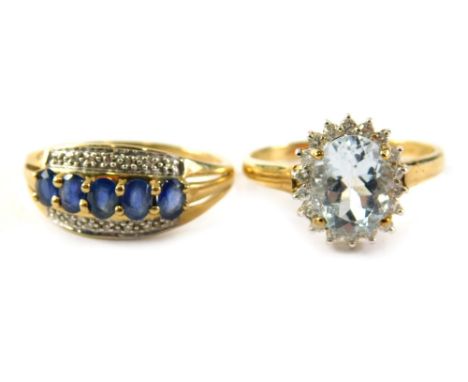 Two 9ct gold dress rings, comprising an aquamarine and cz cluster ring, ring size S½, and a sapphire and diamond dress ring, 