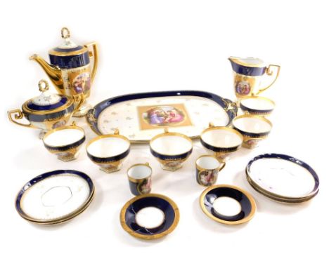 A Vienna porcelain part cabaret service, MZ and other makes, in the manner of Kaufmann, to include serving tray, 41cm wide, c