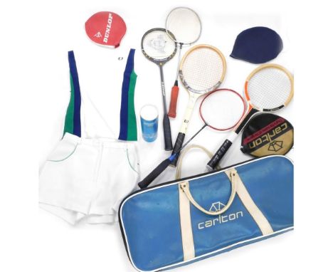 A vintage Carlton Sports tennis racket bag, containing a number of tennis and squash rackets, Wilson Flight, Dunlop squash ra