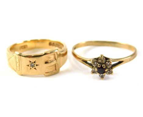 Two dress rings, comprising a 9ct gold buckle ring set with cz stone, ring size J½ and a garnet and cz 9ct gold with V splaye