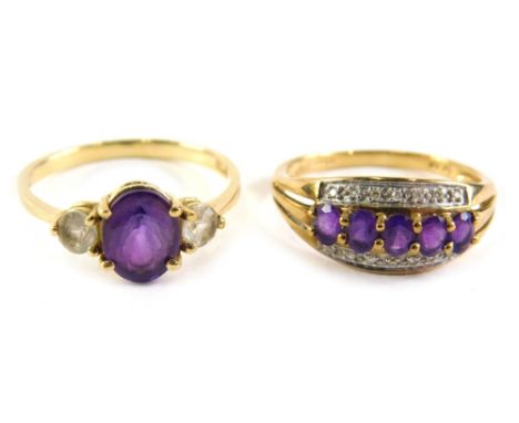 Two 9ct gold dress rings, comprising an amethyst and diamond three row ring, ring size S, and an amethyst and cz three stone 