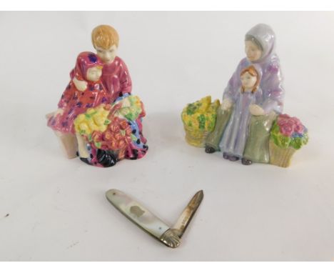 A Royal Doulton Street Vendors Flower Seller children figure, another Granny's Heritage, printed marks beneath, 10cm high, an