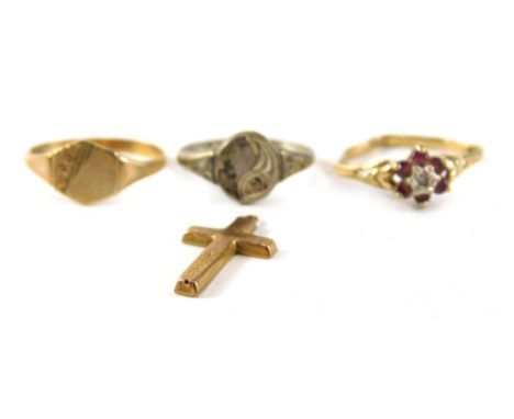 A group of 9ct gold and other jewellery, comprising a 9ct gold signet ring, a 9ct gold crucifix pendant, a 9ct gold garnet an