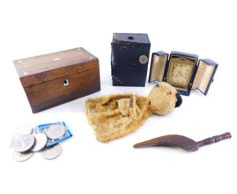 Various bygones, collectables, etc., a Sooty glove puppet, 19cm high, 19thC rosewood tea caddy, box camera, small quantity of