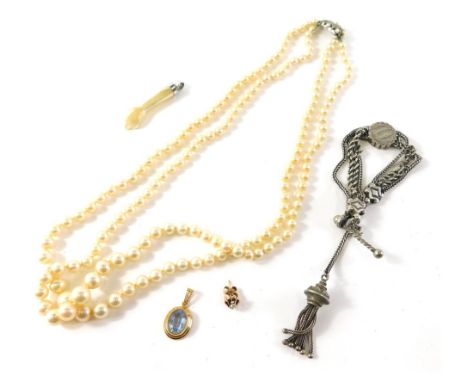 A faux pearl necklace, with a silver paste and cultured pearl set star clasp, a rolled gold paste stone set pendant, single 9