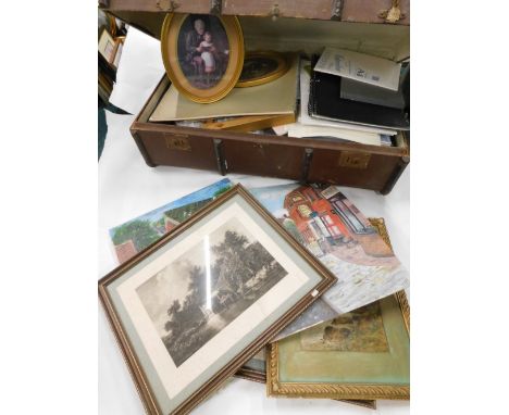 An early 20thC wooden bound leather trunk, containing a quantity of artist materials, pictures, prints, frames, Rock Jones (1