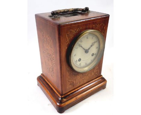 A 19th century French rosewood and marquetry mantel clock, 20cm tall 