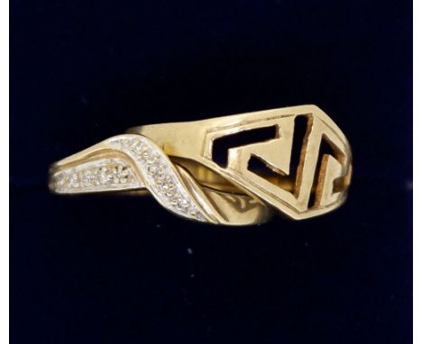 A 14 carat gold ring with pierced decoration, size N and a 9 carat gold ring set chip diamonds, size M, 4g total weight 