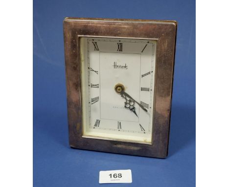 A Harrods silver framed clock, 16.5 x 13cm with replacement movement a/f 
