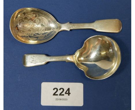 Two silver caddy spoons - one with bright cut decoration, London 1828 by James Beebe and the other London 1835 