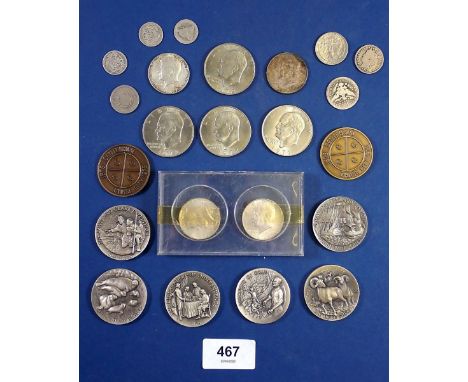 A quantity of USA coinage and medallions including: dimes, cents, quarter, half, dollars, 20th century (15 total) plus (6 off