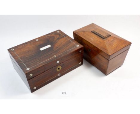 A 19th century rosewood tea caddy and a rosewood box with mother of pearl inlay - no interior 