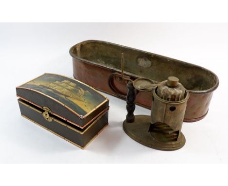 A 19th century copper plant trough, 42cm long, a painted box and a brass lamp 