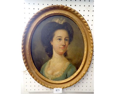 An oval oil on metal portrait of a lady, 27 x 22cm 