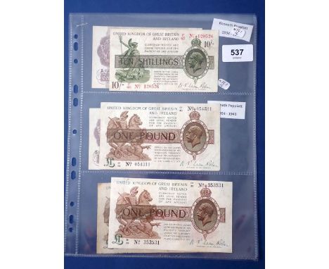 Six banknotes including two 10 shillings (mauve colour) cashier: K O Peppiatt 1940 prefixes: A73D and S63D and four treasury 