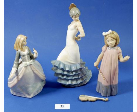 A Lladro figure - a/f plus two Nao figures - one a/f, tallest 24cm - glue failed on violin otherwise good, lady figure missin