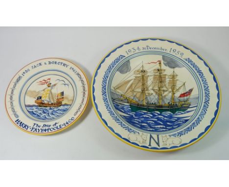 A Poole Pottery large charger decorated yacht drawn by Arthur Bradbury and painted by Nellie Blackmore, a private commission 