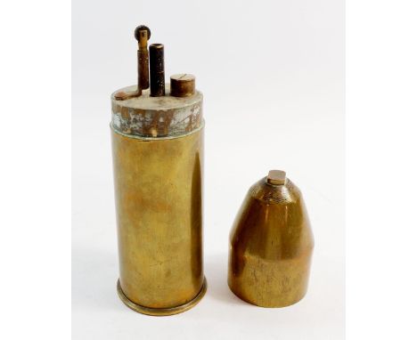 A large trench art table lighter made from a brass shell casing, 23cm 