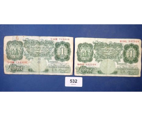 Two Bank of England green £1 notes, cashier L K O'Brien 1955, pre-fix: H24L and Y02K - Condition: Fair 