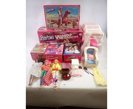 A collection of five Mattel Barbie doll sets including VW Golf Convertible, Dallas House, Makeup Department, Hats &amp; Handb