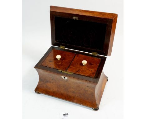 A 19th century burr walnut concave tea caddy with fitted interior, 22 x 14.5 x 16cm 