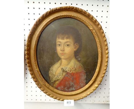 An oval oil on metal portrait of a boy, 27 x 22cm 
