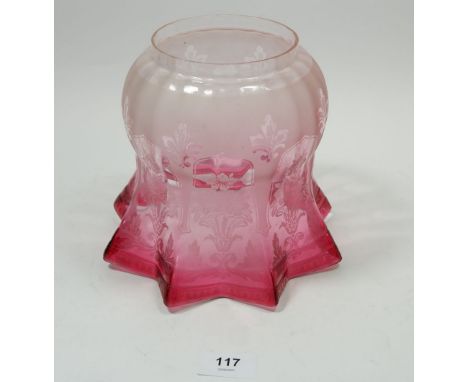 A Victorian cranberry glass etched oil lamp shade, base 10cm - good condition