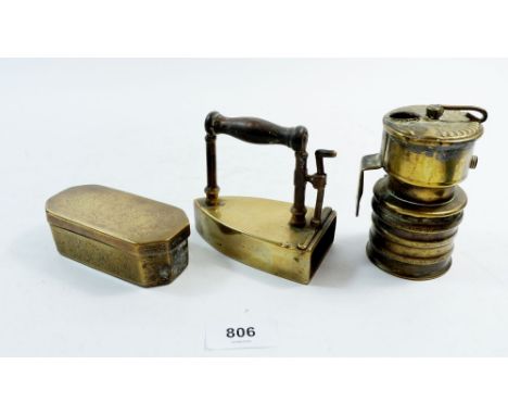 A miniature brass box flat iron, a carbide Premier part lamp and an early 19th century Dutch engraved snuff box 
