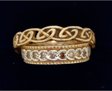 A yellow metal ring set white stones, size M and a yellow metal woven ring, sizy Y, 5.7g 